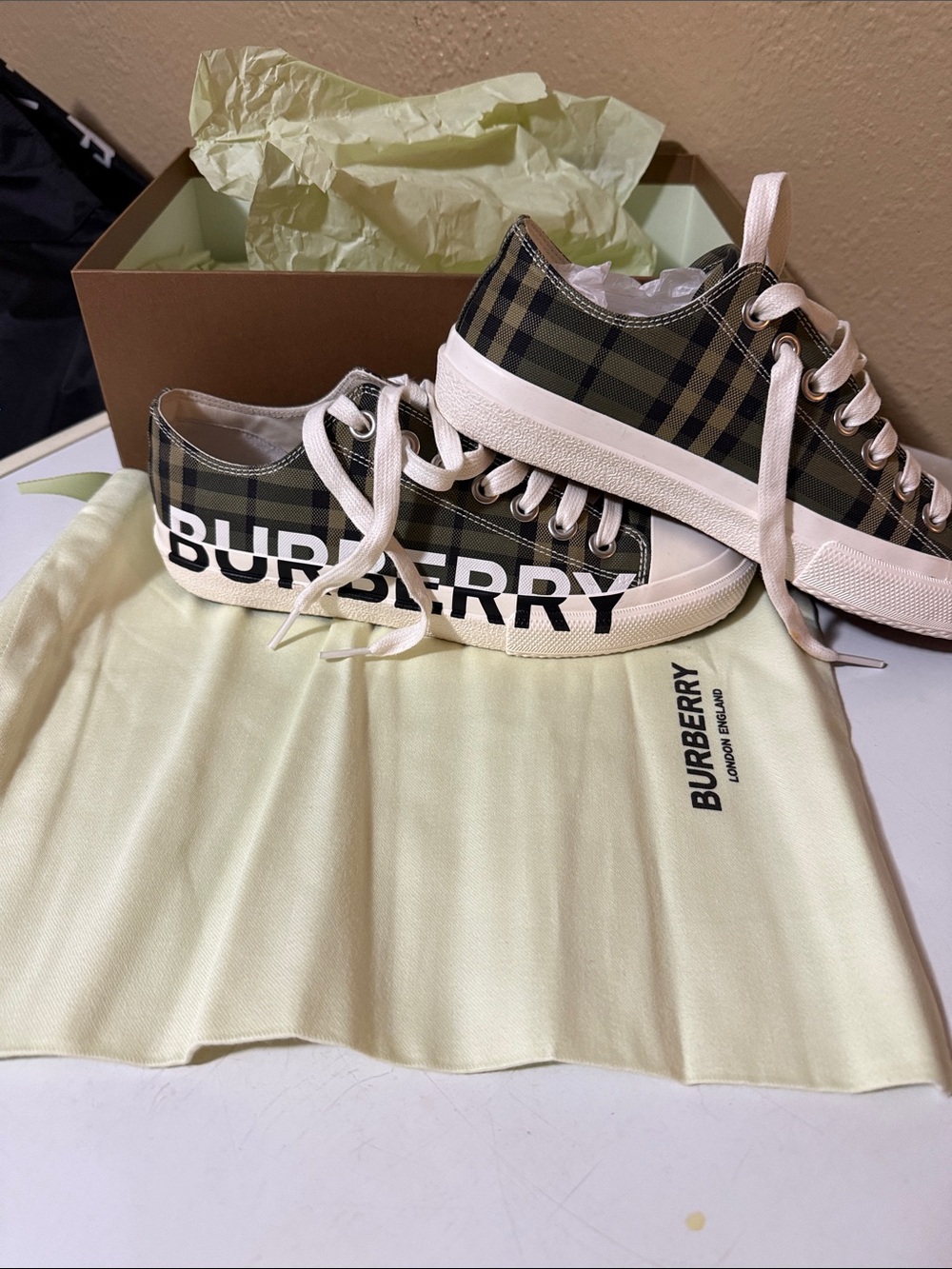 Burberry Green Plaid Low-Top Sneakers with White Soles